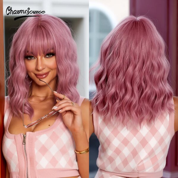 perruque synthétique ondulée rose, cheveux courts