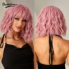 perruque synthétique ondulée rose, cheveux courts