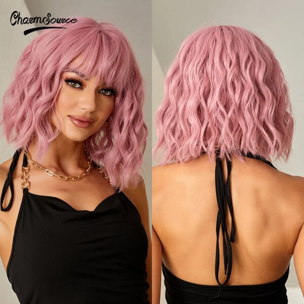 perruque synthétique ondulée rose, cheveux courts