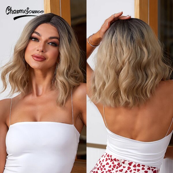 perruque synthétique ondulée rose, cheveux courts