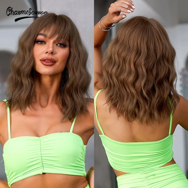 perruque synthétique ondulée rose, cheveux courts