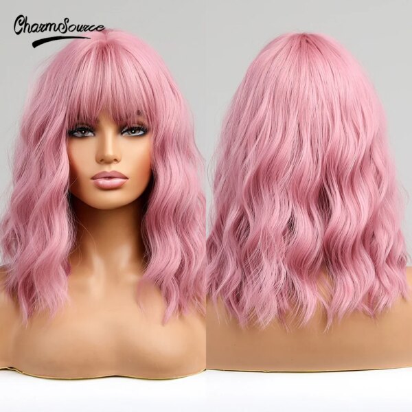 perruque synthétique ondulée rose, cheveux courts
