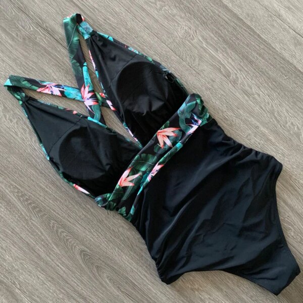 Maillot de bain une pièce à fleurs, sexy, push-up, décolleté plongeant en v