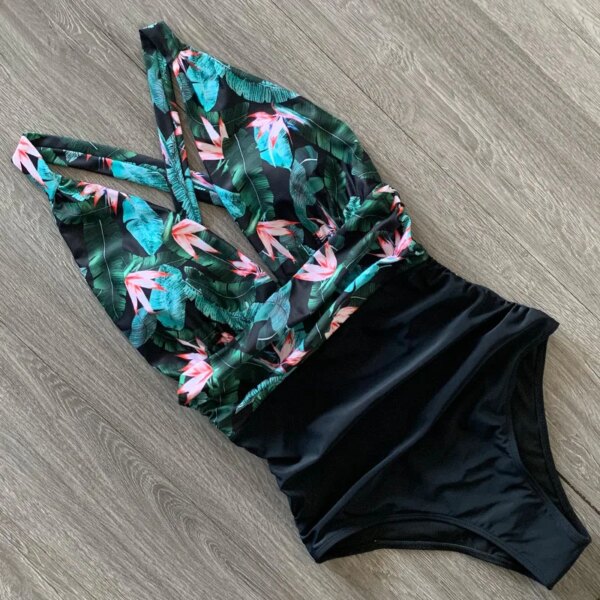 Maillot de bain une pièce à fleurs, sexy, push-up, décolleté plongeant en v