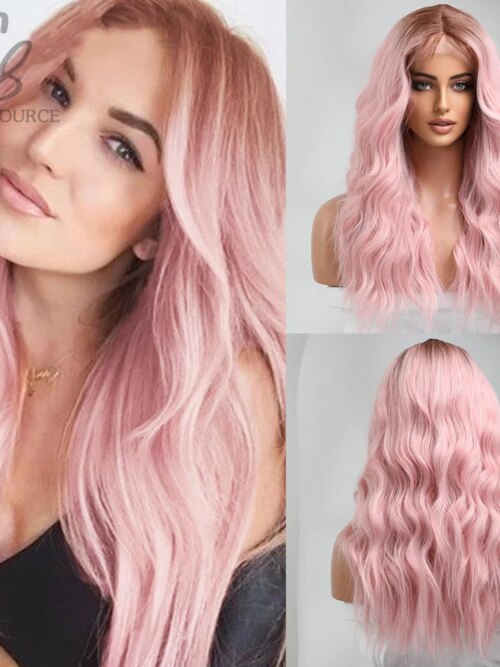perruque femme Lace Front Wig longue naturelle ondulée rose pour femmes
