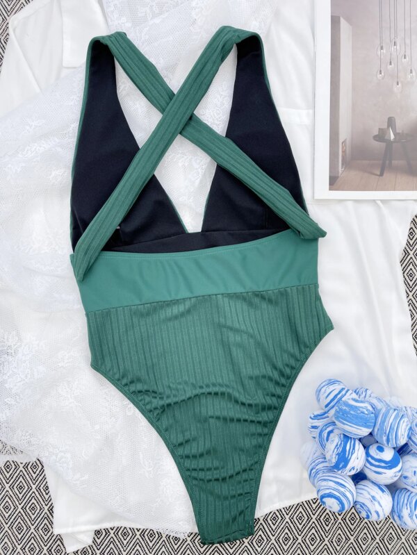 maillot de bain 1 pièce gainant décolleté en v plongeant, solide, patchwork