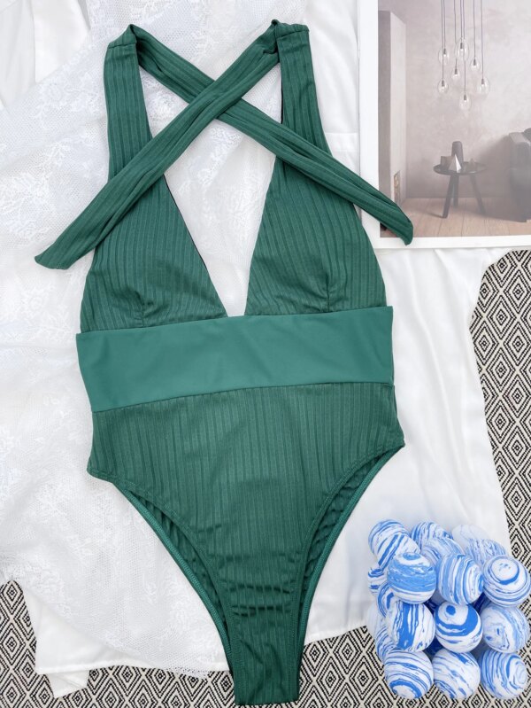 maillot de bain 1 pièce gainant décolleté en v plongeant, solide, patchwork