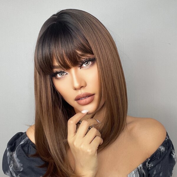 perruque synthétique marron ombré avec frange