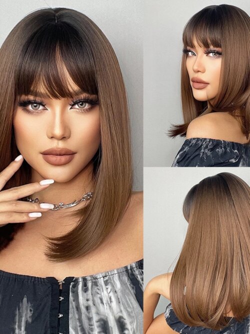 perruque synthétique marron ombré avec frange