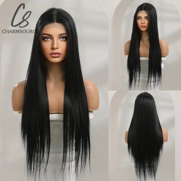 5032-b3679b.jpg Perruque Longue et Lisse à Dentelle Frontale , Accessoire de Cosplay