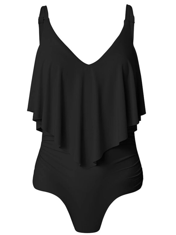maillot de bain 1 pièce gainant  à volants, noir, amincissant