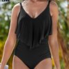 maillot de bain 1 pièce gainant  à volants, noir, amincissant