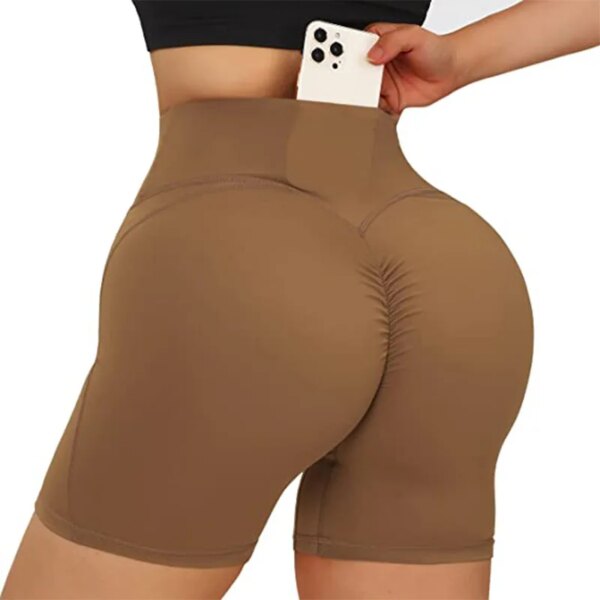 Short de sport femme taille haute – sans couture, yoga fitness, avec poche croisée