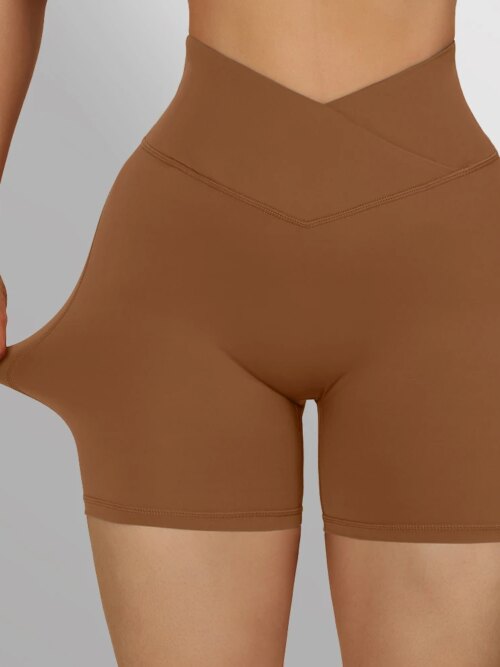 Short de sport femme taille haute – sans couture, yoga fitness, avec poche croisée