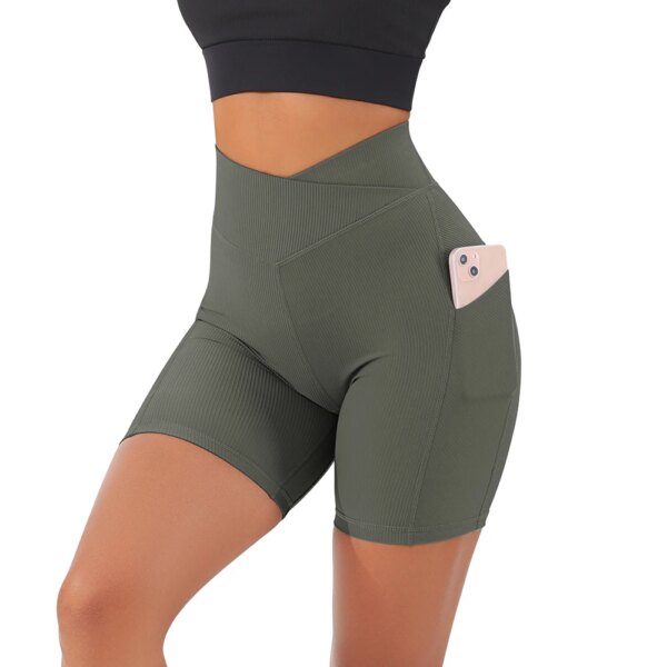 Short de sport femme taille haute – sans couture, yoga fitness, avec poche croisée