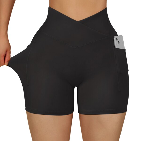 Short de sport femme taille haute – sans couture, yoga fitness, avec poche croisée