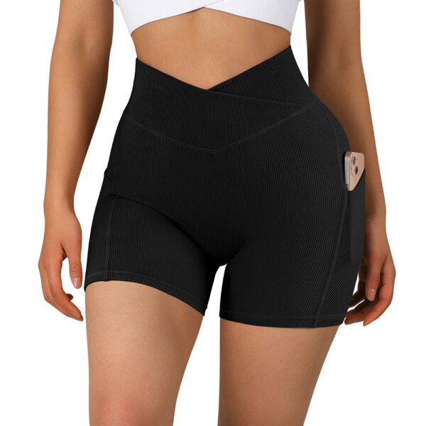 Short de sport femme taille haute – sans couture, yoga fitness, avec poche croisée