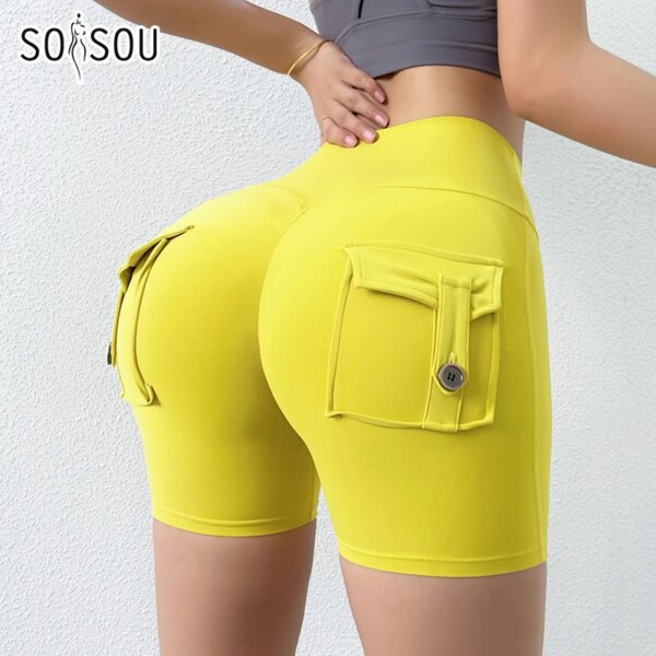 SOISOU-Short de cyclisme élastique taille haute pour femme, short moulant sexy, poches arrière