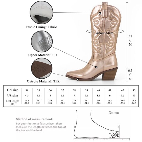 bottes femme de Cowboy Westem pour femme, mi-mollet, Sexy