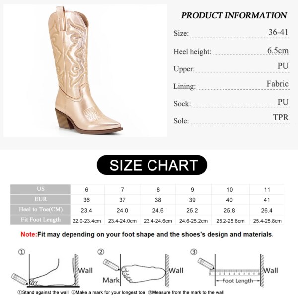 bottes femme de Cowboy Westem pour femme, mi-mollet, Sexy