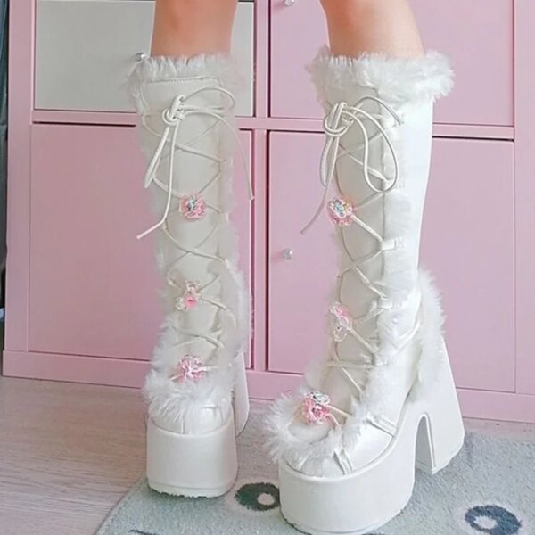 bottes femme en Fausse Fourrure pour Femme, Plateforme, Talons Hauts Épais
