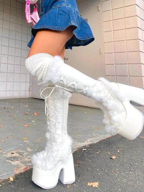 bottes femme en Fausse Fourrure pour Femme, Plateforme, Talons Hauts Épais