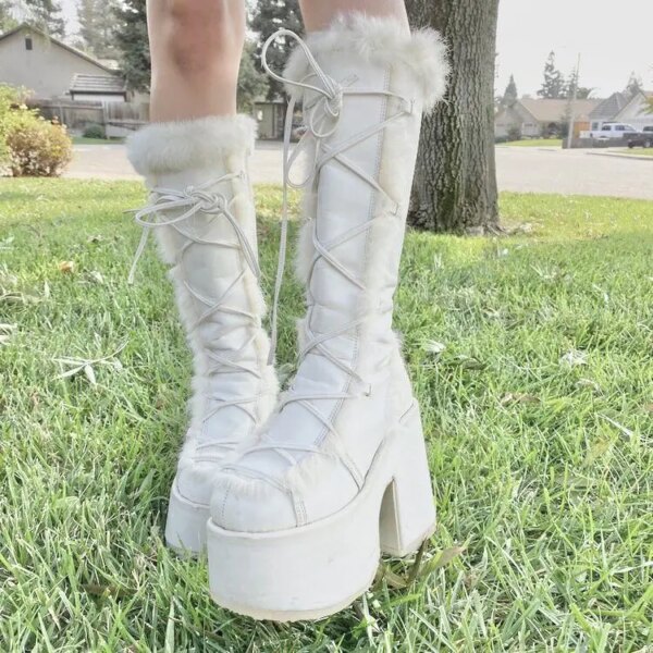 bottes femme en Fausse Fourrure pour Femme, Plateforme, Talons Hauts Épais