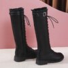 bottes femme hautes en cuir PU avec boucle pour femme, chaussures à talons bas et fermeture éclair