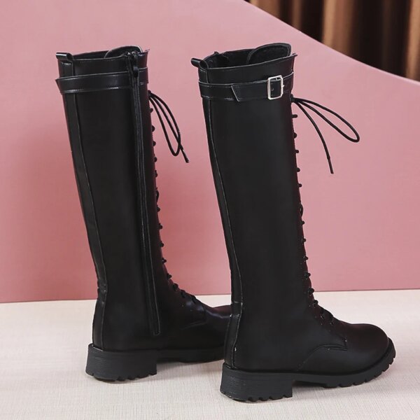 bottes femme hautes en cuir PU avec boucle pour femme, chaussures à talons bas et fermeture éclair