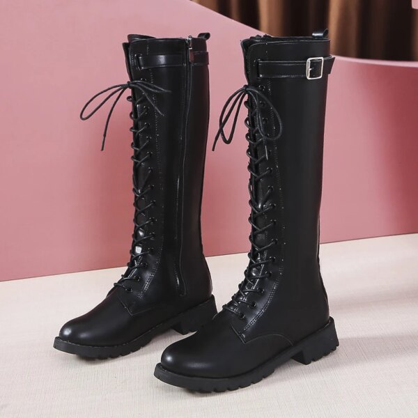 bottes femme hautes en cuir PU avec boucle pour femme, chaussures à talons bas et fermeture éclair