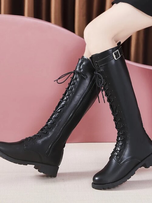 bottes femme hautes en cuir PU avec boucle pour femme, chaussures à talons bas et fermeture éclair