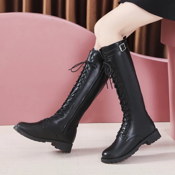 bottes femme hautes en cuir PU avec boucle pour femme, chaussures à talons bas et fermeture éclair