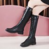 bottes femme hautes en cuir PU avec boucle pour femme, chaussures à talons bas et fermeture éclair
