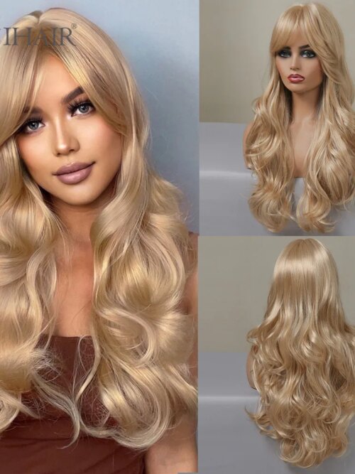 perruque femme de Cosplay synthétique ondulée Blonde cendrée avec frange naturelle