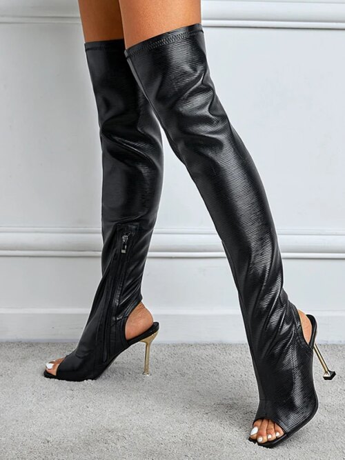 bottes femme à talons fins en métal avec fermeture éclair, bout ouvert, en cuir