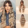 perruque femme de Cosplay synthétique ondulée Blonde cendrée avec frange naturelle
