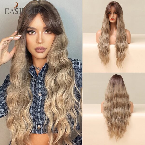 perruque femme de Cosplay synthétique ondulée Blonde cendrée avec frange naturelle