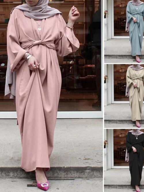 Robe Longue Hijab avec Ceinture pour Femme Musulmane, Vêtement Islamique Africain, Djellaba, Abaya, Mode