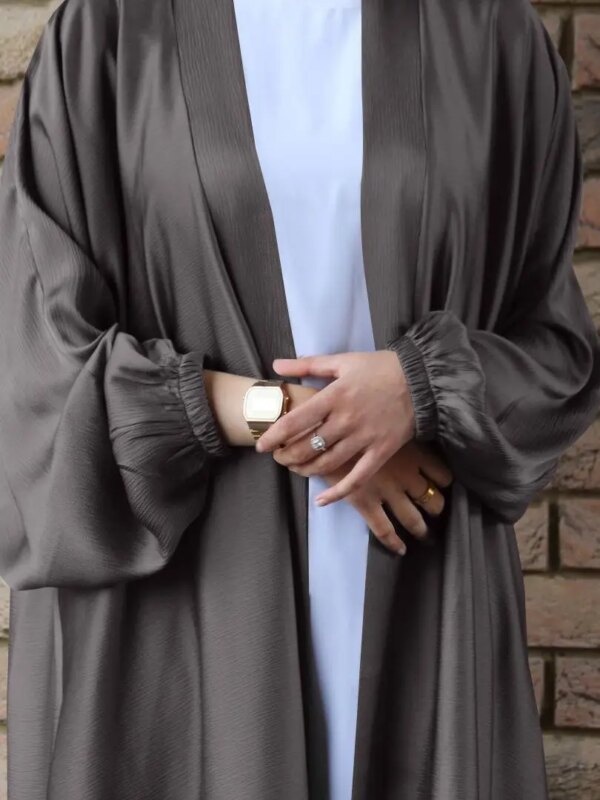 56969-00f2ec.jpg Abaya-Robe musulmane en satin, manches bouffantes, douce et brillante, avec ceinture, pour Eid Djellaba, Dubaï, Turquie, WY578