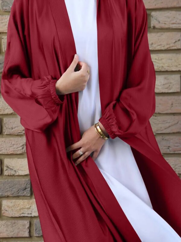 56969-914162.jpg Abaya-Robe musulmane en satin, manches bouffantes, douce et brillante, avec ceinture, pour Eid Djellaba, Dubaï, Turquie, WY578