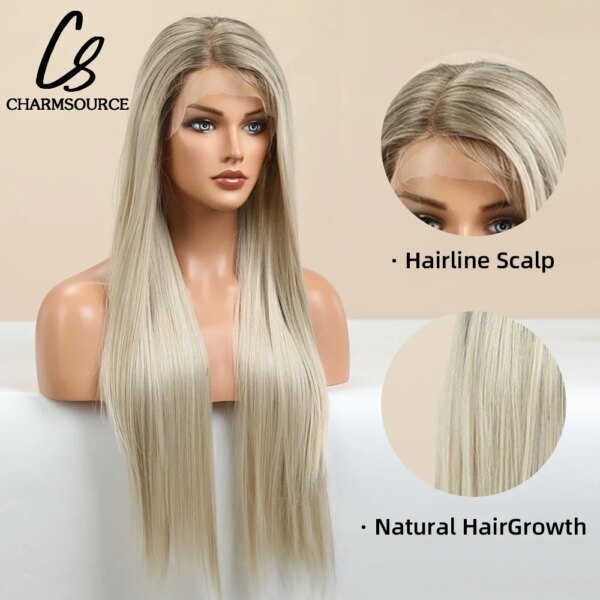 perruque Lace Front Wig synthétique lisse et longue, cheveux blancs blonds