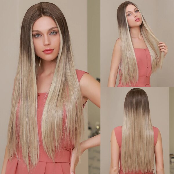 perruque Lace Front Wig synthétique lisse et longue, cheveux blancs blonds