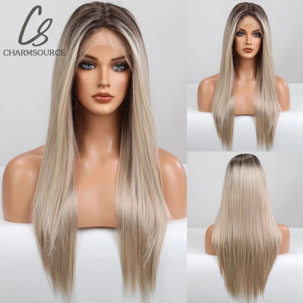 perruque Lace Front Wig synthétique lisse et longue, cheveux blancs blonds