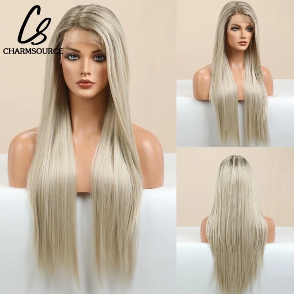 perruque Lace Front Wig synthétique lisse et longue, cheveux blancs blonds