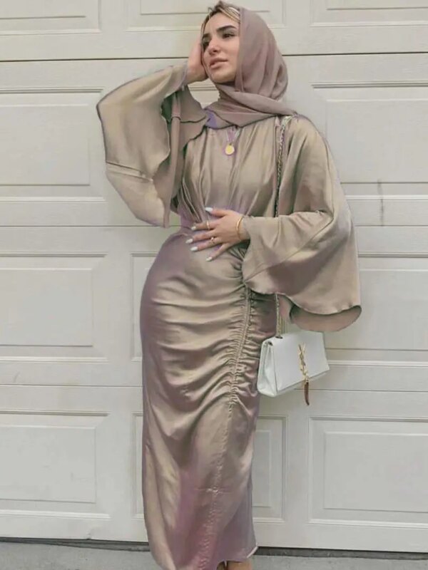 Robe Djellaba en Satin Doux et Soyeux pour Femme Musulmane, Abaya Brillante de Dubaï, Turquie, Ramadan, Eid, WY805
