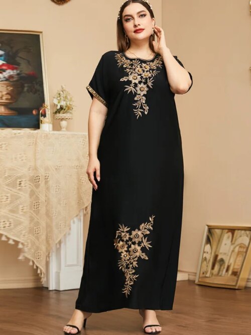 Robe Abaya à perles pour femmes musulmanes, col en V, kaftan marocain, djellaba, hijab, vêtements islamiques éducatifs, manches courtes, mode d'été
