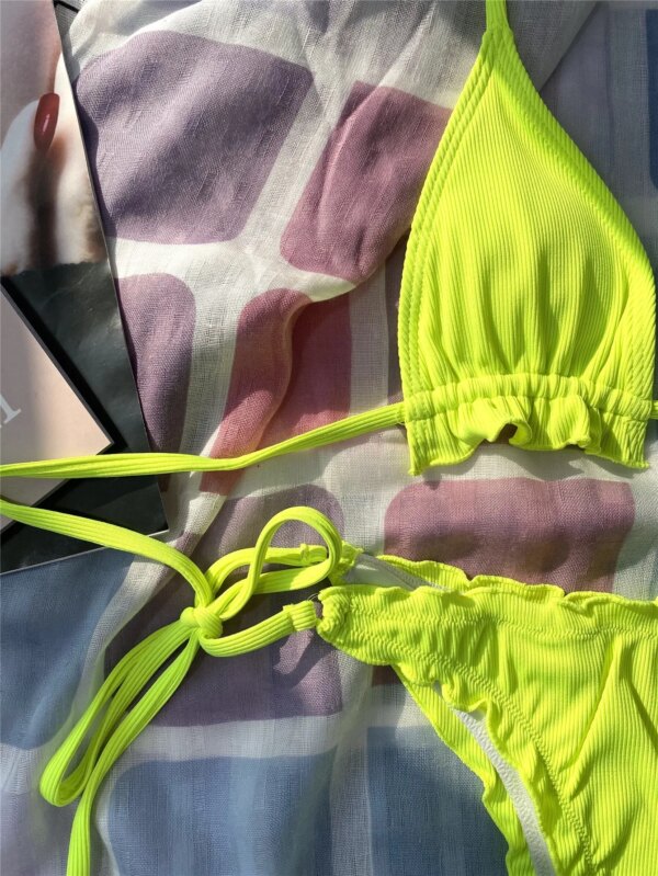 Maillot de bain femme 2 pièces couleur néon, vert, côtelé, triangle, deux pièces, bikini