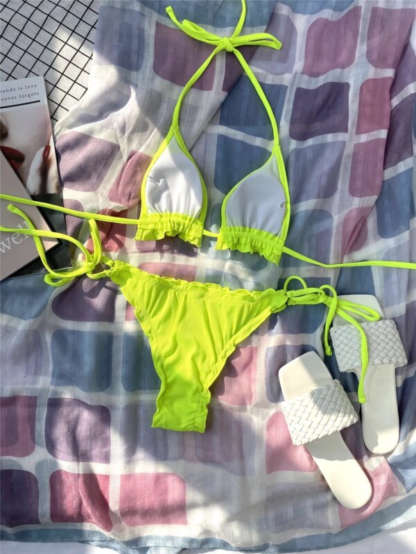 Maillot de bain femme 2 pièces couleur néon, vert, côtelé, triangle, deux pièces, bikini