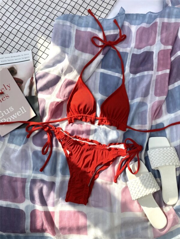 Maillot de bain femme 2 pièces couleur néon, vert, côtelé, triangle, deux pièces, bikini