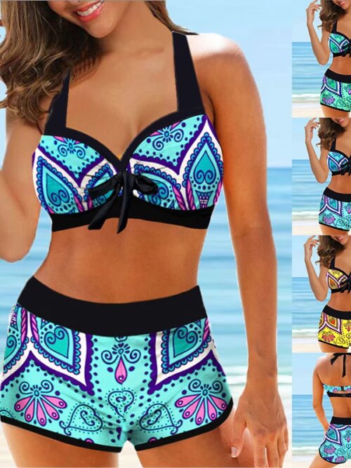 Maillot de bain femme 2 pièces imprimé rétro pour femmes, ensemble deux pièces